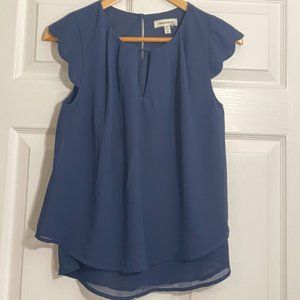 Monteau Women's Navy Blue V Neck Scalloped Short Sleeve Blouse Top Small